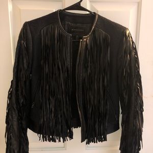 BCBG Denim/Leather Fringe MOTO jacket